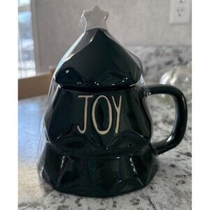 NEW Rae Dunn Joy Green Christmas Tree Ceramic Mug With White Star Lid Topper